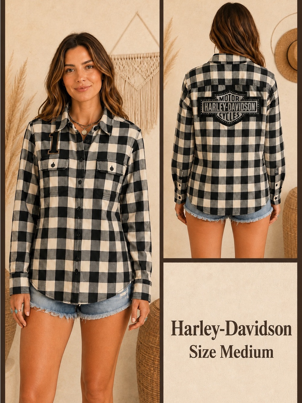 Harley-Davidson Black & White Buffalo Plaid Button-Down Shirt